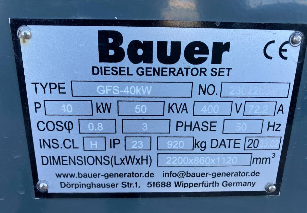 Industrie generator Bauer GFS-40KW ATS 50KVA Diesel Generator 400/230V NEW: afbeelding 10