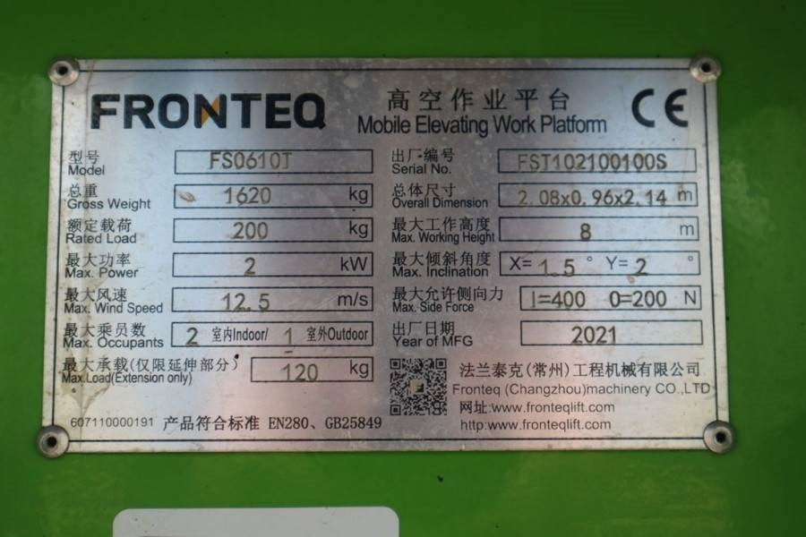 Fronteq FS0610T CE Declaration, 6.7m Working Heigh - Schaarlift: afbeelding 3 Fronteq FS0610T CE Declaration, 6.7m Working Heigh - Schaarlift: afbeelding 3