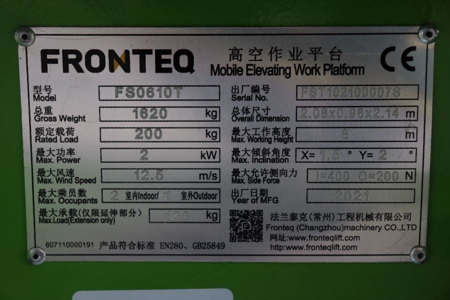 Leasing Fronteq FS0610T CE Declaration, 6.7m Working Heigh  Fronteq FS0610T CE Declaration, 6.7m Working Heigh: afbeelding 8