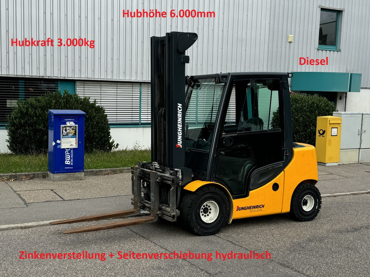 Jungheinrich DFG 430s 600DZ 3t Triplex 6m Zinkenverst. Seiten - Diesel heftruck: afbeelding 1 Jungheinrich DFG 430s 600DZ 3t Triplex 6m Zinkenverst. Seiten - Diesel heftruck: afbeelding 1