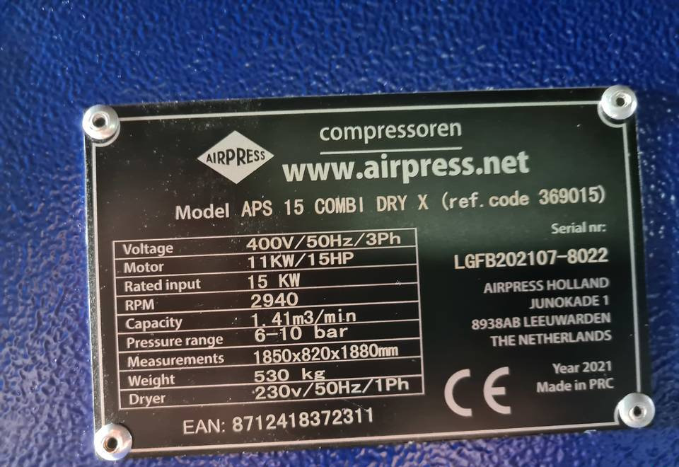 Kompresor śrubowy AIRPRESS APS 15 COMBI DRY X, 11 kw, 2021r - Luchtcompressor: afbeelding 5 Kompresor śrubowy AIRPRESS APS 15 COMBI DRY X, 11 kw, 2021r - Luchtcompressor: afbeelding 5