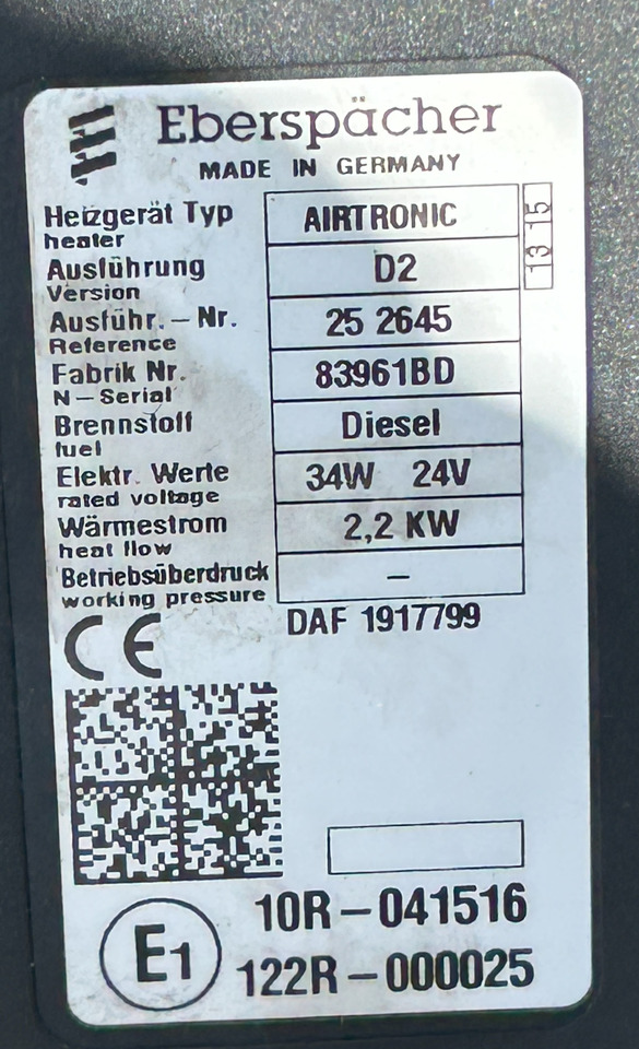 DAF CF EURO 6 WEBASTO AIRTRONIC D2 PARKING HEATER, 2.2 KW - Verwarming/ Ventilatie: afbeelding 2 DAF CF EURO 6 WEBASTO AIRTRONIC D2 PARKING HEATER, 2.2 KW - Verwarming/ Ventilatie: afbeelding 2