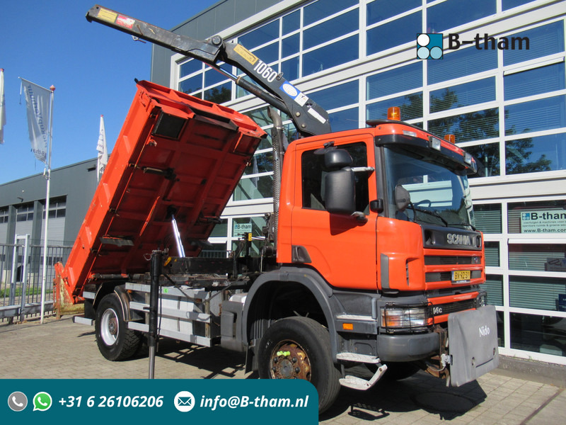 Scania P 114 CB 4x4 HZ 340 3-W. Tipper - 3-S. Kipper + HMF 1063 Crane Kran - Kipper vrachtwagen, Kraanwagen: afbeelding 1 Scania P 114 CB 4x4 HZ 340 3-W. Tipper - 3-S. Kipper + HMF 1063 Crane Kran - Kipper vrachtwagen, Kraanwagen: afbeelding 1