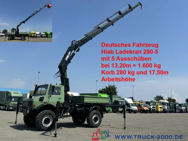 Kraanwagen, Kipper vrachtwagen Unimog U 2450 L HIAB 280-5 17,5m Höhe inkl. Arbeitskorb: afbeelding 1