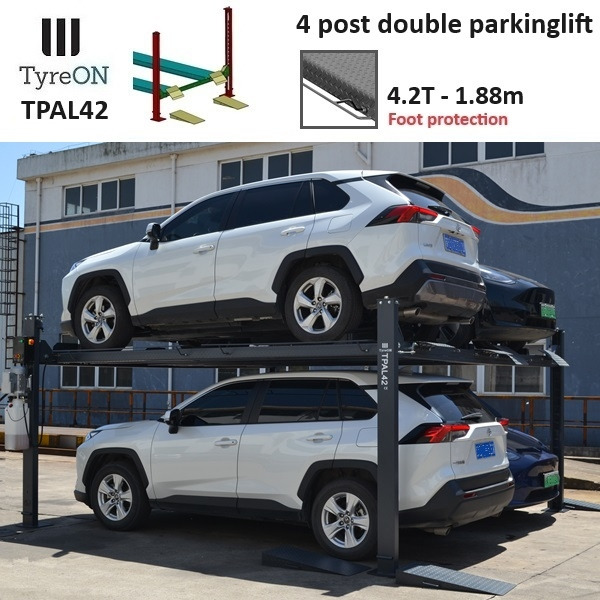 TPAL42 mobile double 4 post parking lift for car - 4.2T - Height 188 cm - Long 415 cm runways with automatic roll-off protection - 230V - To park 4 vehicles - Werkplaats toebehoor: afbeelding 1 TPAL42 mobile double 4 post parking lift for car - 4.2T - Height 188 cm - Long 415 cm runways with automatic roll-off protection - 230V - To park 4 vehicles - Werkplaats toebehoor: afbeelding 1