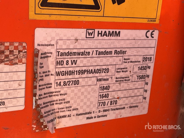 2018 Hamm HD8VV Double Drum Roller - Asfaltwals: afbeelding 2 2018 Hamm HD8VV Double Drum Roller - Asfaltwals: afbeelding 2