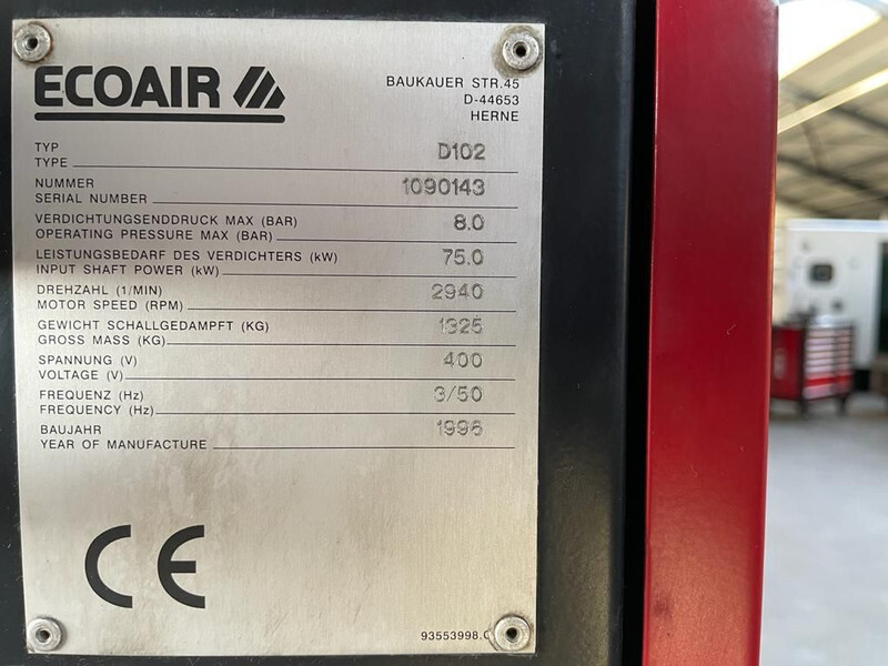 Ecoair D102 Elektrische Schroefcompressor 75 kW 10.000 L / min 8 Bar - Luchtcompressor: afbeelding 4 Ecoair D102 Elektrische Schroefcompressor 75 kW 10.000 L / min 8 Bar - Luchtcompressor: afbeelding 4
