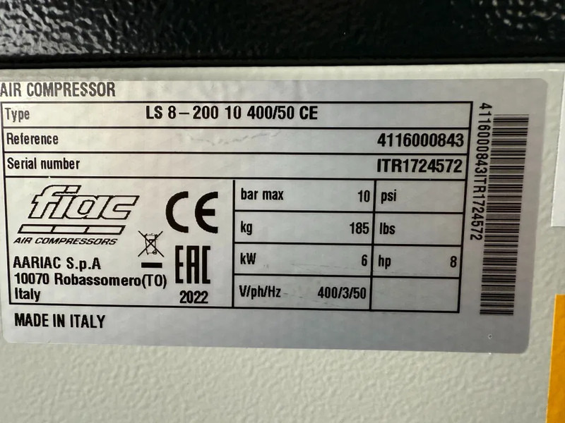 Fiac LS 8 - 200 Elektrische Schroefcompressor 6 kW 736 L / min 10 Bar New ! Overstock ! - Luchtcompressor: afbeelding 3 Fiac LS 8 - 200 Elektrische Schroefcompressor 6 kW 736 L / min 10 Bar New ! Overstock ! - Luchtcompressor: afbeelding 3