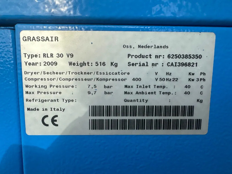 Grassair RLR 30 V9 Rollair 30V 22 kW 3000 L / min 10 Bar Elektrische Schroefcompressor Frequentiegeregeld - Luchtcompressor: afbeelding 3 Grassair RLR 30 V9 Rollair 30V 22 kW 3000 L / min 10 Bar Elektrische Schroefcompressor Frequentiegeregeld - Luchtcompressor: afbeelding 3