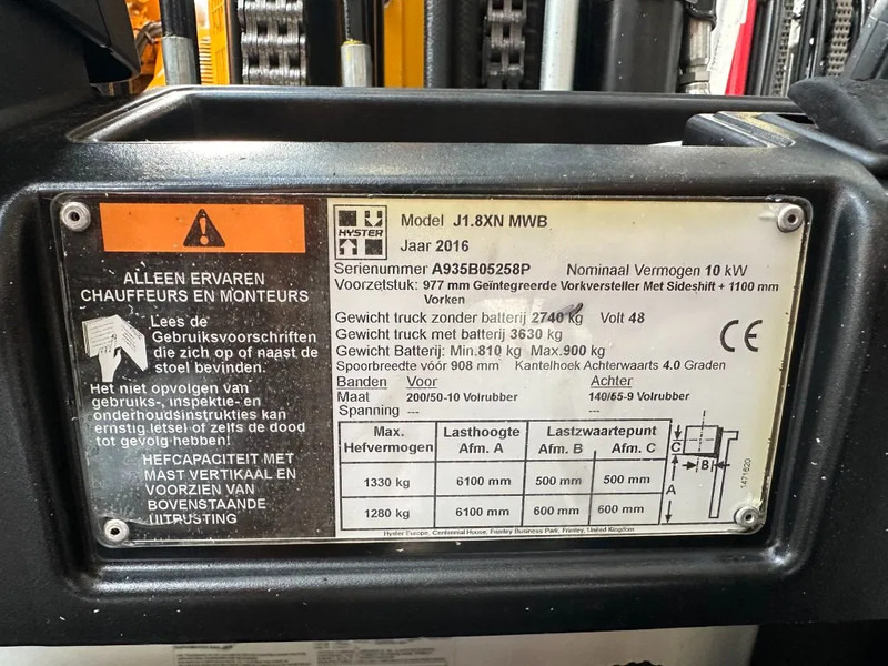 Elektrische heftruck Hyster J1.8XN MWB 1.8 ton Triplex Freelift Sideshift Positioner Elektra Heftruck Accu 2023: afbeelding 5