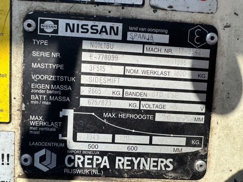 Nissan N01L18U 1.8 ton Triplex Freelift Sideshift Elektra Heftruck Accu 2016 ! - Elektrische heftruck: afbeelding 3 Nissan N01L18U 1.8 ton Triplex Freelift Sideshift Elektra Heftruck Accu 2016 ! - Elektrische heftruck: afbeelding 3