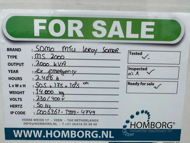 Industrie generator SDMO MS2000 MTU Leroy Somer 2000 kVA generatorset: afbeelding 20