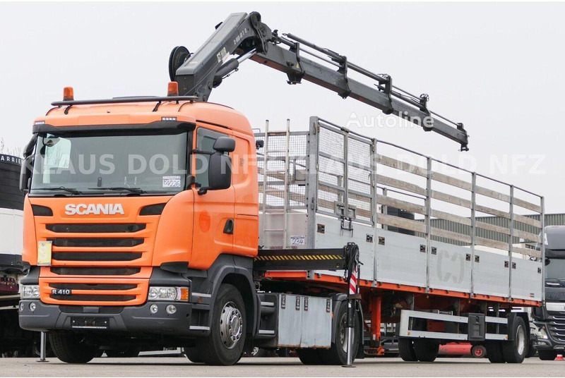 Scania R 410 - Flatbed+crane - Vrachtwagen met open laadbak, Kraanwagen: afbeelding 1 Scania R 410 - Flatbed+crane - Vrachtwagen met open laadbak, Kraanwagen: afbeelding 1